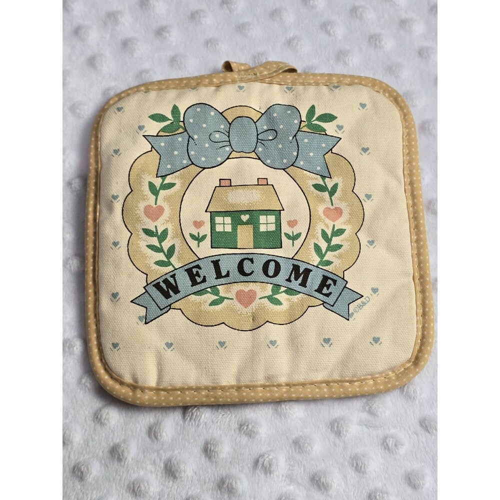 Vintage Pot Holder Welcome Cottagecore Country Home Vine Heart Tulips Bow Floral